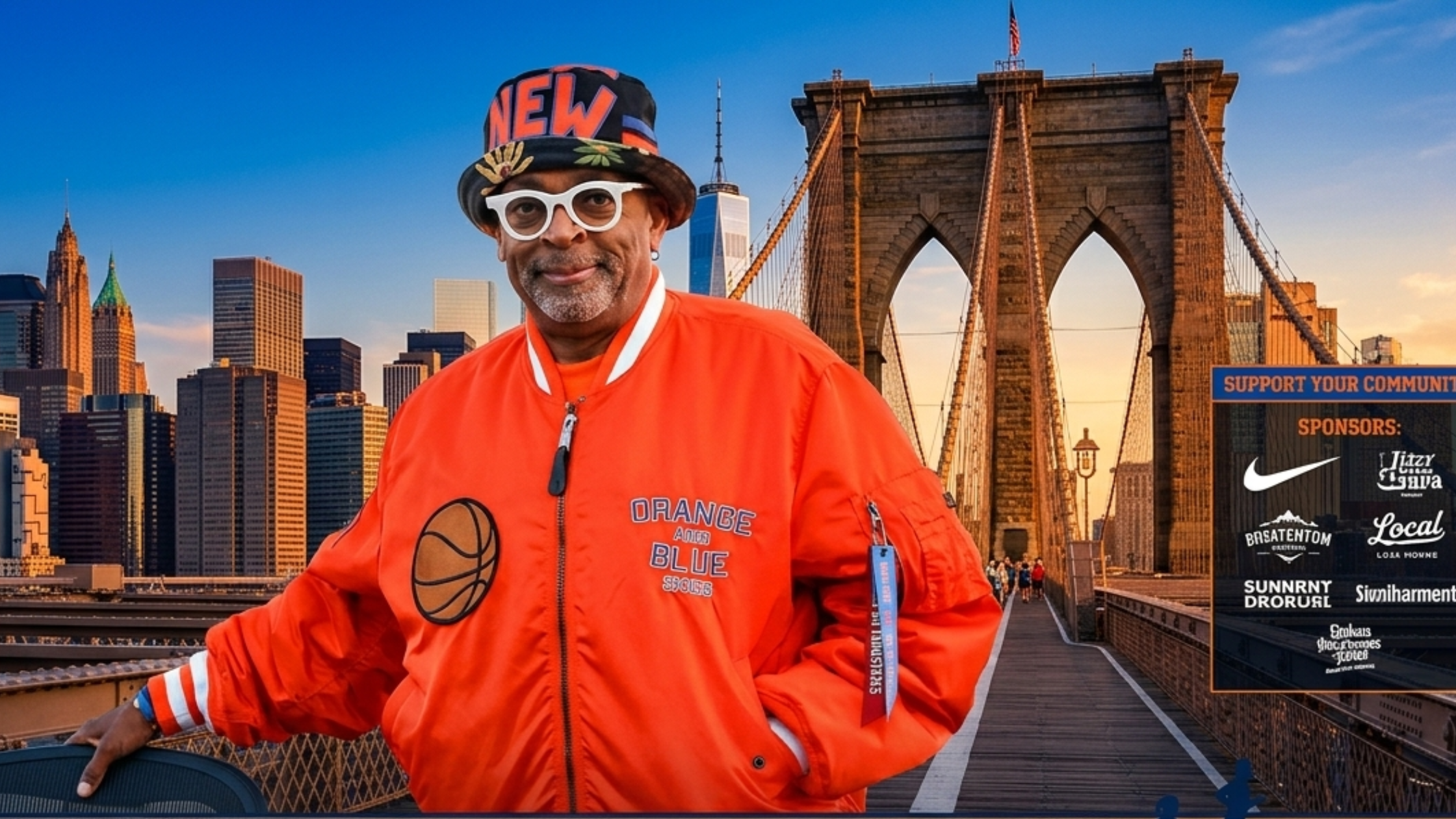 Spike Lee wearing 2026 NBA Finals New York Knicks orange satin varsity jacket courtside fashion look