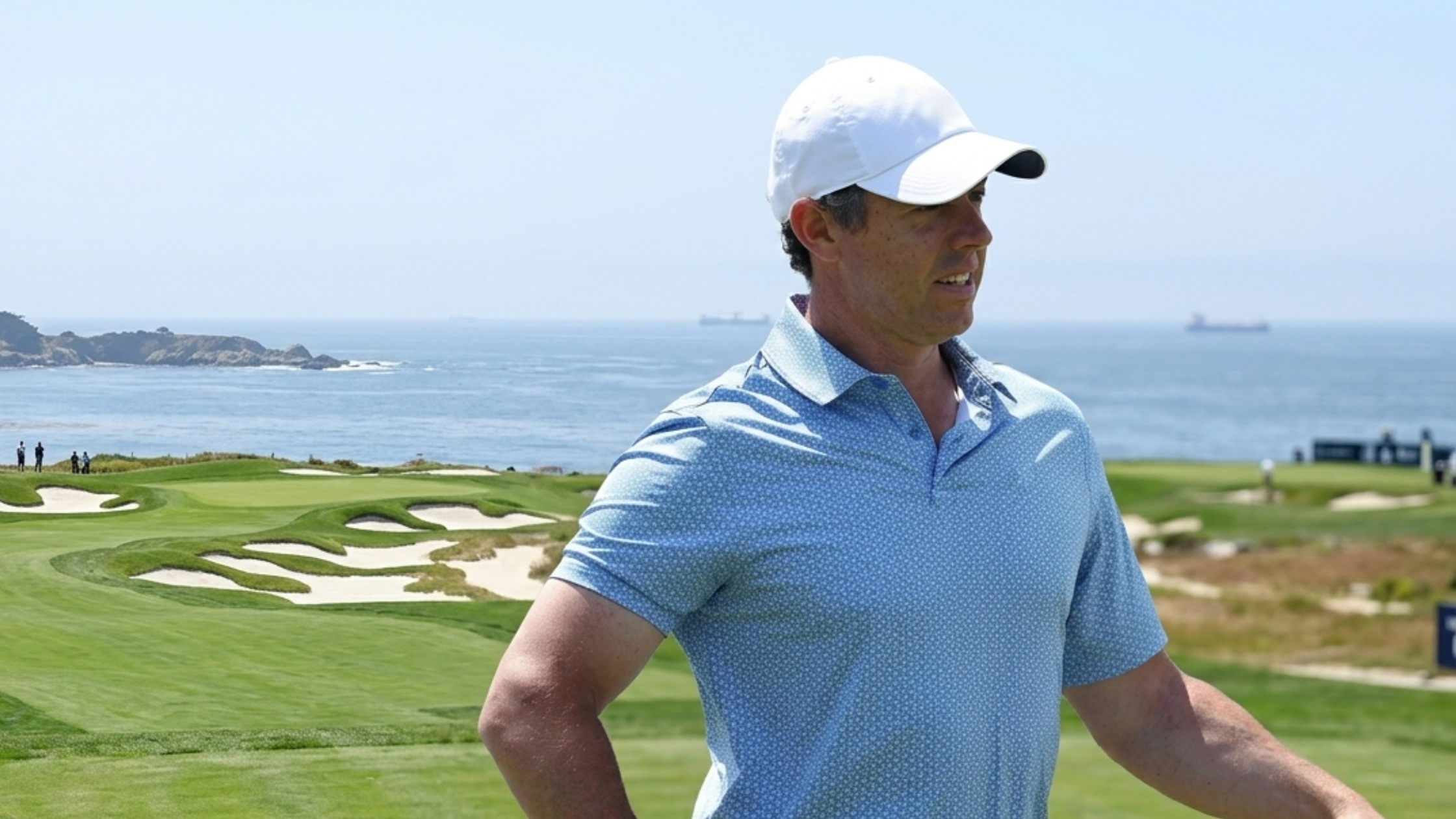 Rory McIlroy U.S. Open Championship 2026 powder blue polo shirt with white geometric micro shield pattern, self-fabric collar, and premium golf aesthetic design