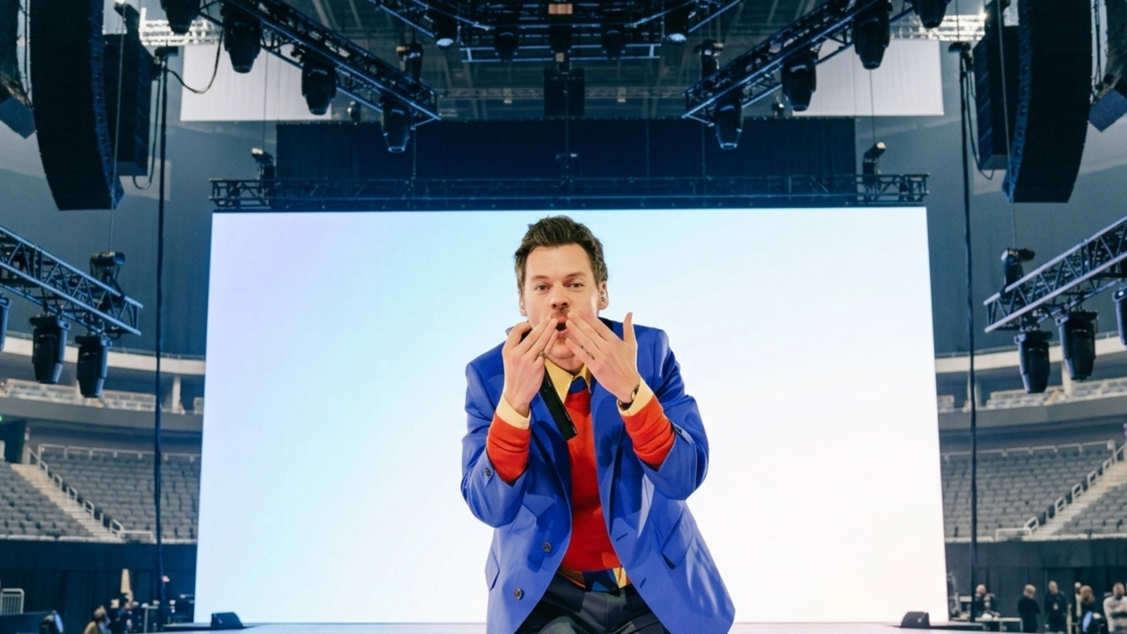 Together Together 2026 Harry Styles Blue Blazer in royal blue double-breasted design styled with retro layered outfit featuring color-blocking fashion elements