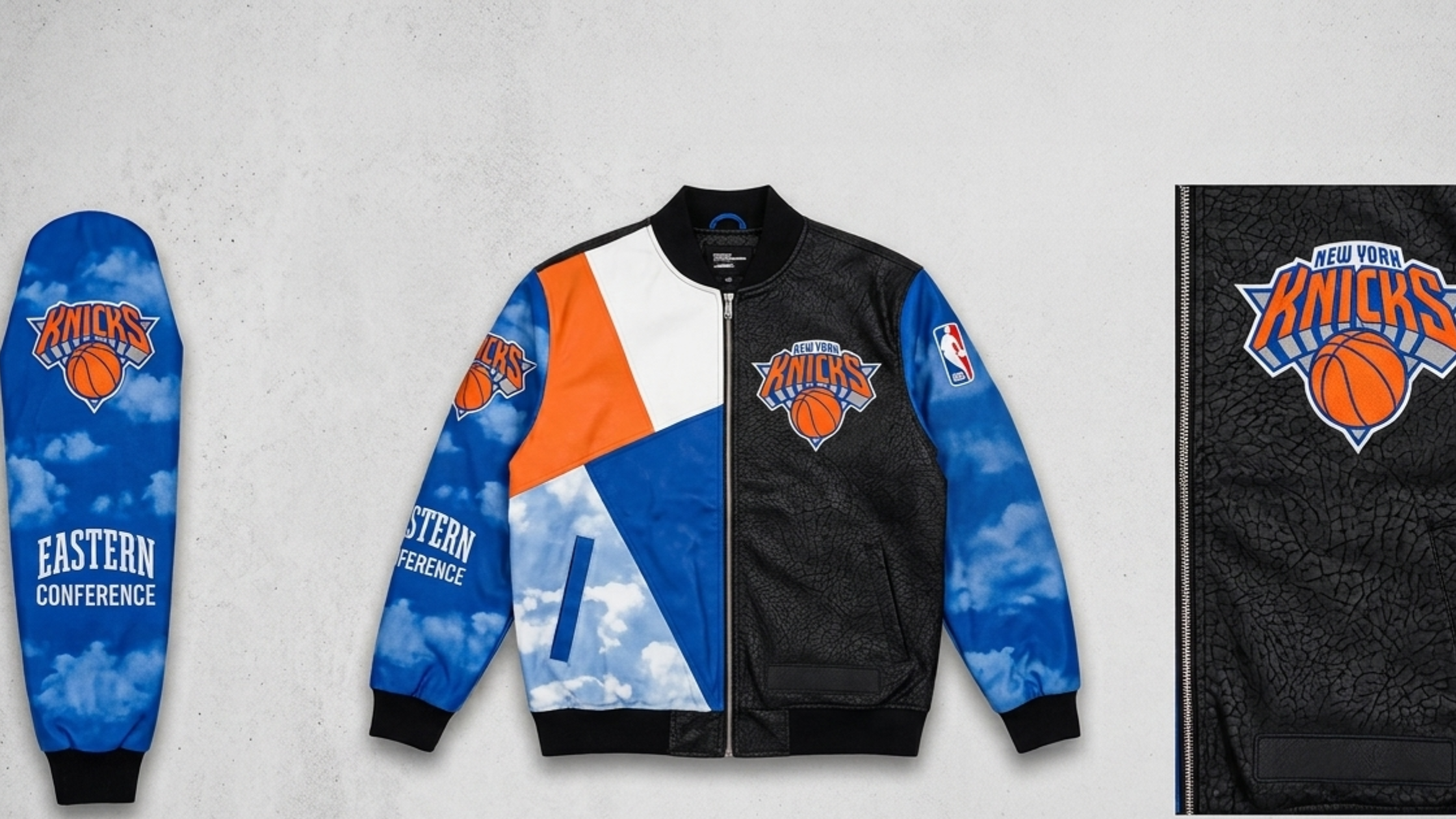 Karl-Anthony Towns wearing New York Knicks 2026 championship parade varsity jacket in blue and orange